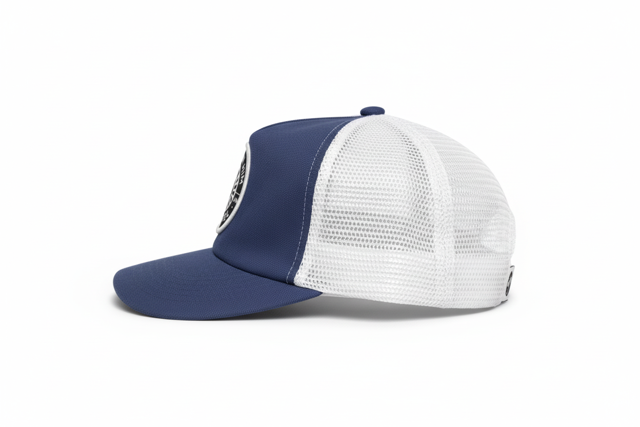 Abide In Him Trucker Cap – Okinawa Navy side profile