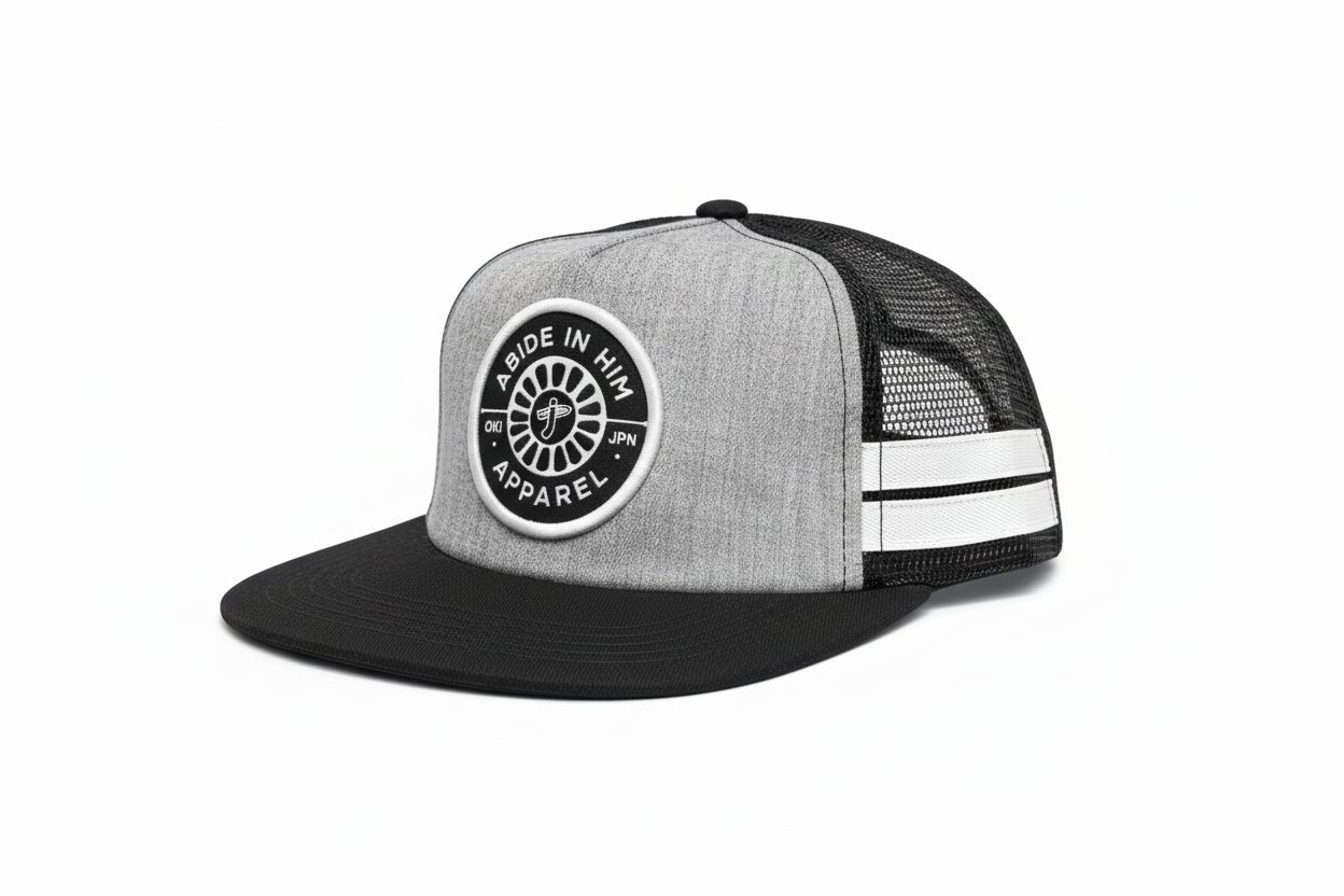 Abide In Him Trucker Cap – Oki Stripe Edition 3/4 view
