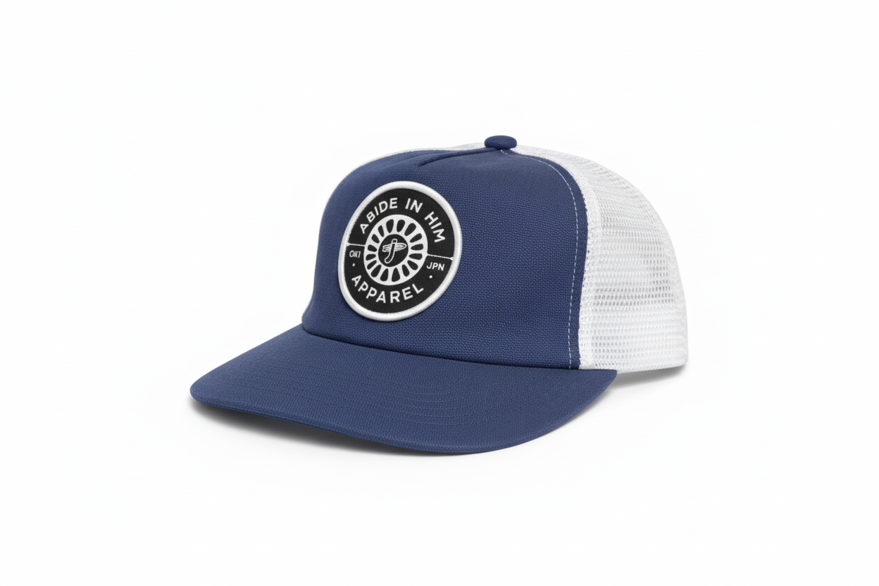 Abide In Him Trucker Cap – Okinawa Navy 3/4 view