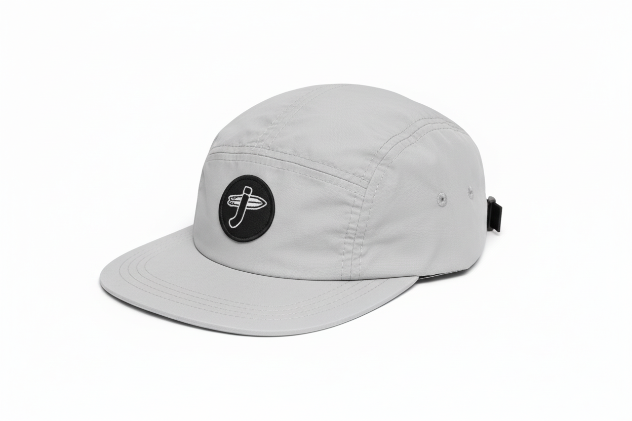 Abide In Him 5-Panel Cap – Drift Gray 3/4 view