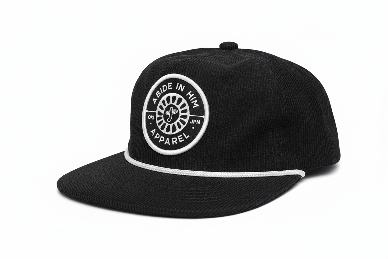 Abide In Him Corduroy Rope Cap – Black 3/4 view